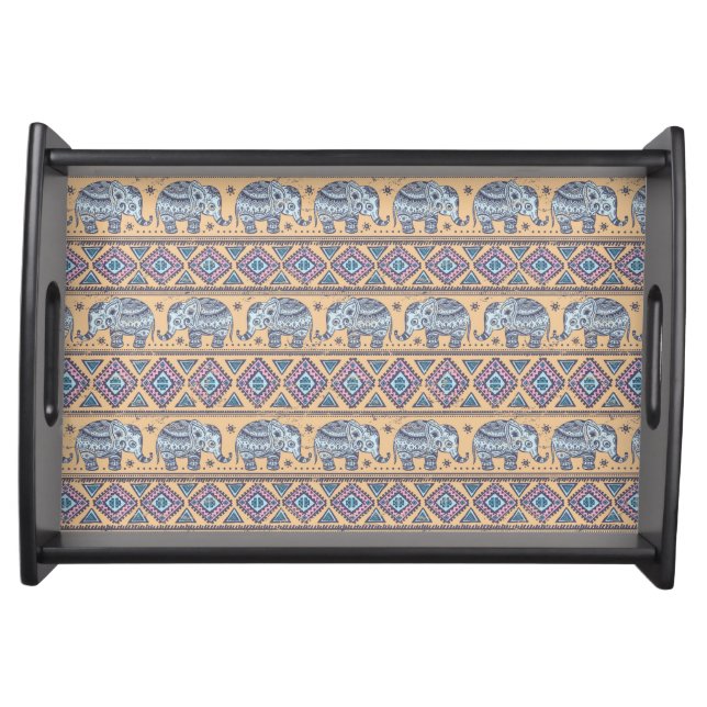 Blue Ethnic Elephant Tribal Pattern Serving Tray (Front)