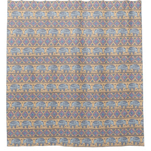 Blue Ethnic Elephant Tribal Pattern Shower Curtain
