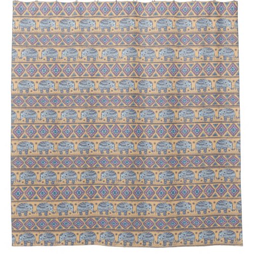 Blue Ethnic Elephant Tribal Pattern Shower Curtain