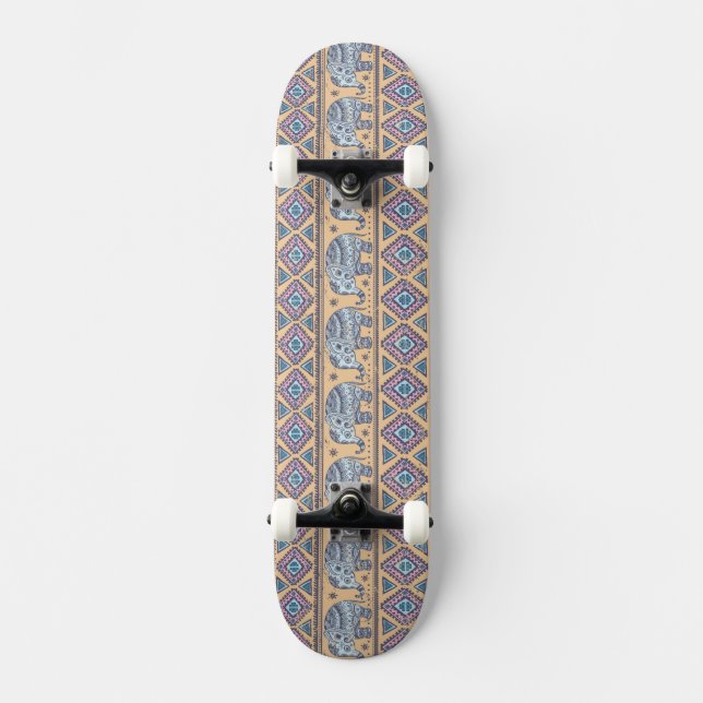 Blue Ethnic Elephant Tribal Pattern Skateboard Deck (Front)