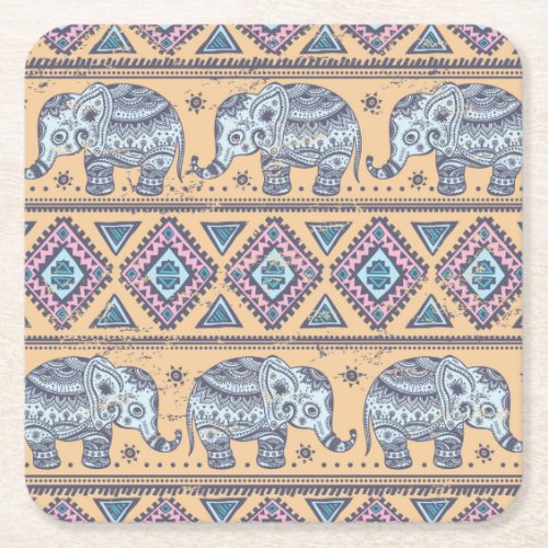Blue Ethnic Elephant Tribal Pattern Square Paper Coaster