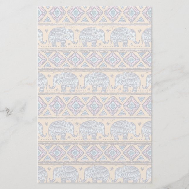 Blue Ethnic Elephant Tribal Pattern Stationery (Front)