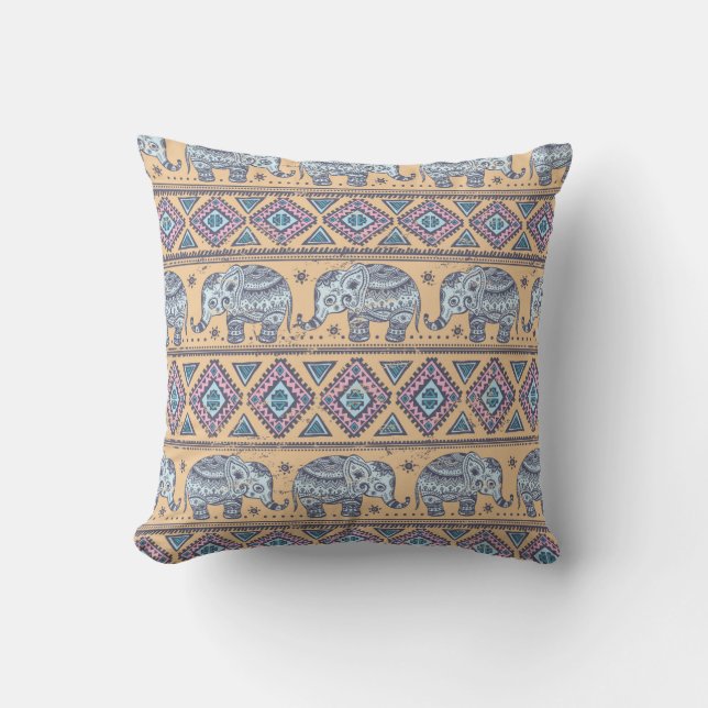 Blue Ethnic Elephant Tribal Pattern Throw Pillow (Front)