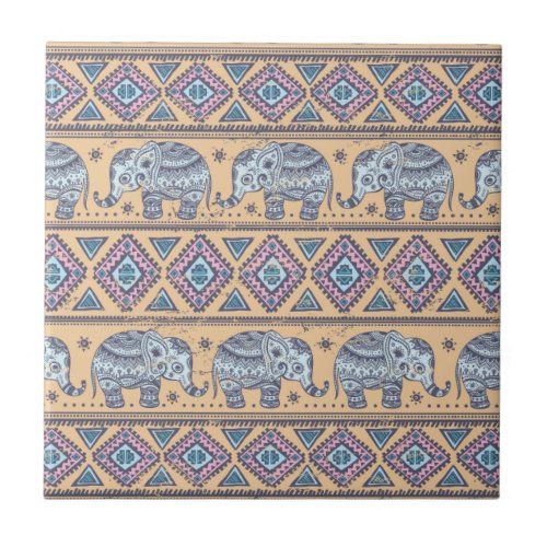 Blue Ethnic Elephant Tribal Pattern Tile