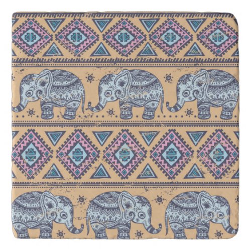 Blue Ethnic Elephant Tribal Pattern Trivet