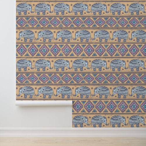 Blue Ethnic Elephant Tribal Pattern Wallpaper