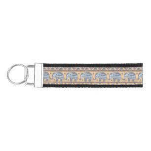 Blue Ethnic Elephant Tribal Pattern Wrist Keychain