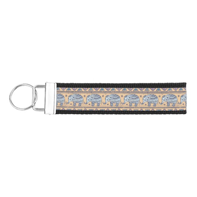 Blue Ethnic Elephant Tribal Pattern Wrist Keychain (Keys on Left)