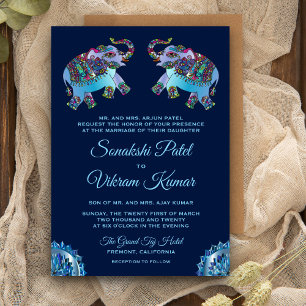 Blue Ethnic Elephants Indian Wedding Invitation