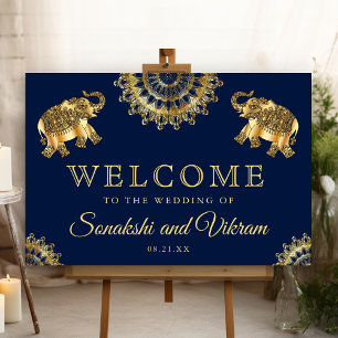 Blue Ethnic Elephants Indian Wedding Welcome Sign
