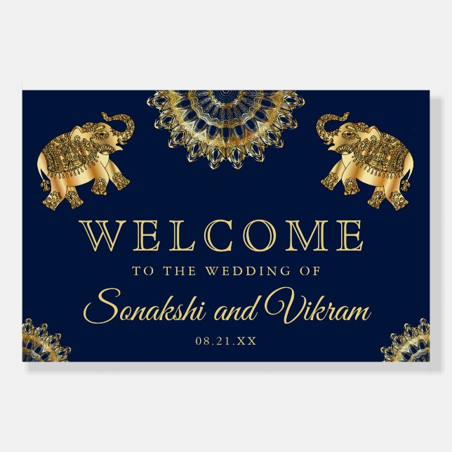 Blue Ethnic Elephants Indian Wedding Welcome Sign (Front)