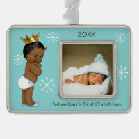 Blue Ethnic Prince Baby 1st Christmas Photo