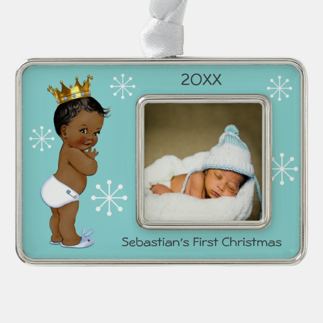 Blue Ethnic Prince Baby 1st Christmas Photo Ornament (Front)