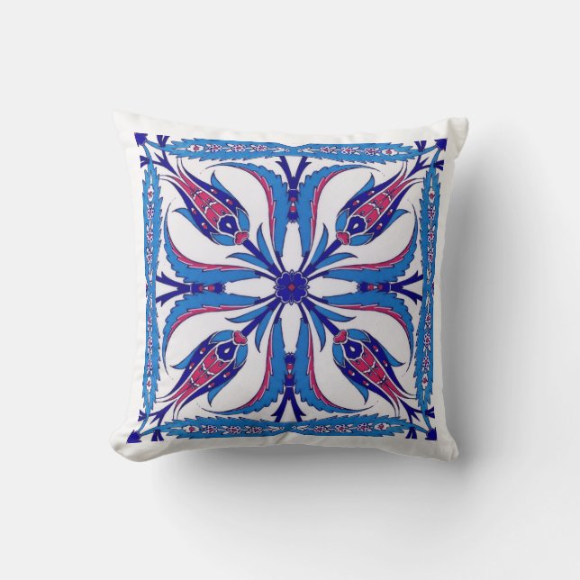 Blue ethnic Turkish design with four Tulips Throw Pillow (Front)