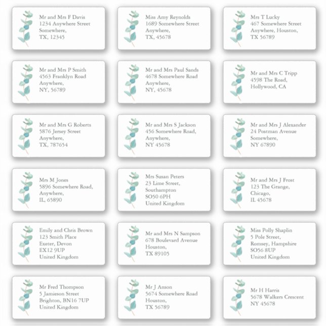 Blue EucaIyptus Individual Recipient Name Address Sticker (Front)