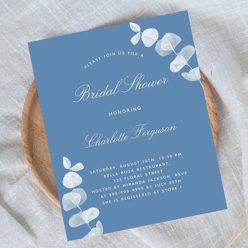 Blue eucalyptus bridal shower budget invitation flyer