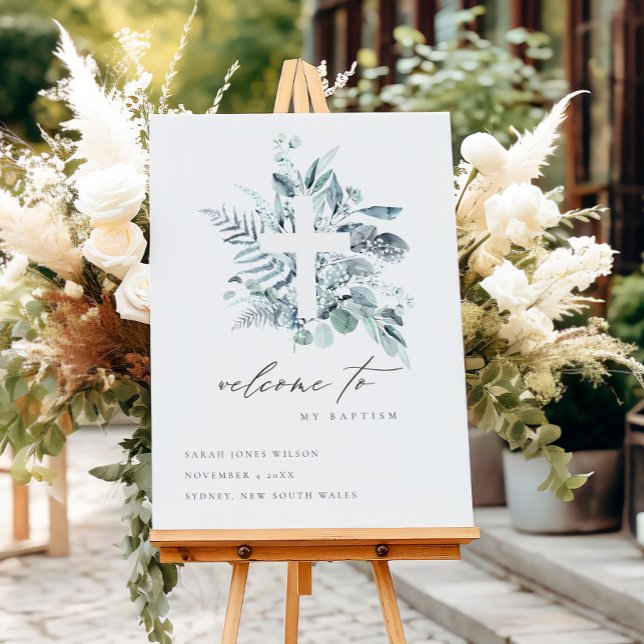 Blue Eucalyptus Fern Fauna Cross Baptism Welcome Foam Board (Creator Uploaded)