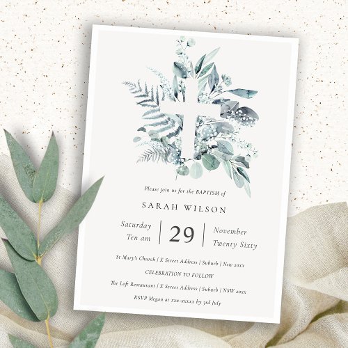 Blue Eucalyptus Fern Foliage Cross Baptism Invite