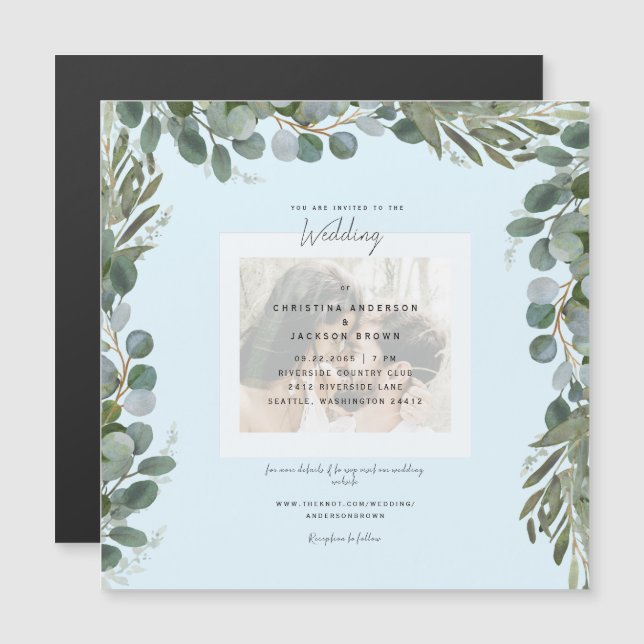 Blue Eucalyptus Foliage Photo Wedding  Magnetic Invitation (Front/Back)