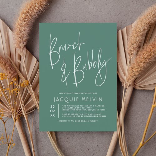 Blue  Eucalyptus Green Brunch  Bubbly Bridal Invitation