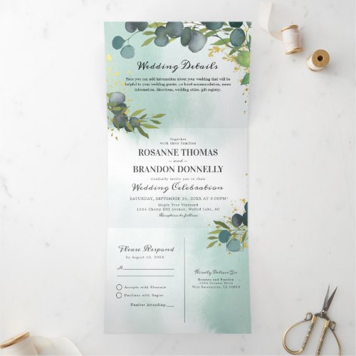 Blue Eucalyptus Greenery 3 in 1 Wedding Tri-Fold Invitation - All in one botanical greenery wedding tri-fold invitation featuring a rustic faded watercolor washed out backdrop, elegant blue eucalyptus leaves, splashes of faux gold foil, your initials, the wedding details, invitation, and an rsvp postcard for your guests to cut off and send back.