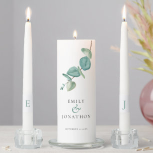 Blue Eucalyptus Names Date Initials Wedding Unity Candle Set