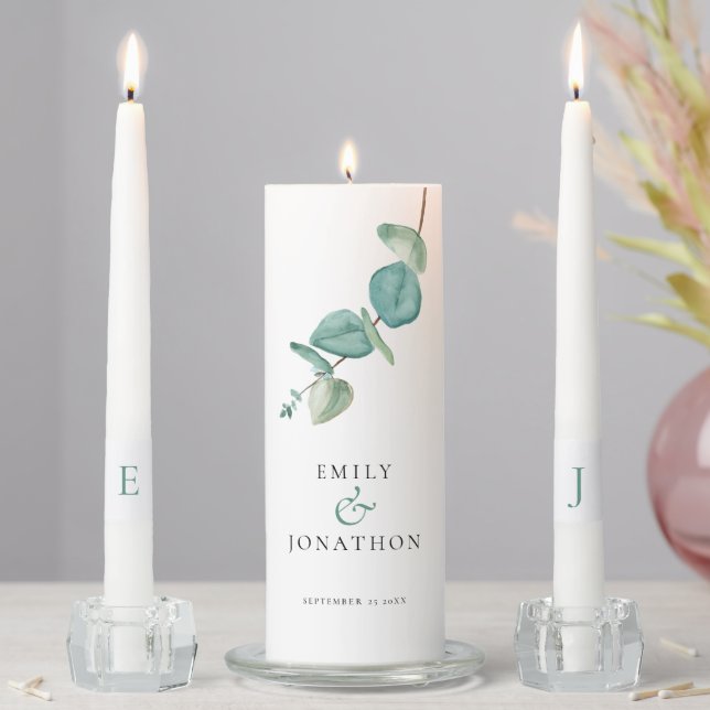 Blue Eucalyptus Names Date Initials Wedding Unity Candle Set (In Situ)