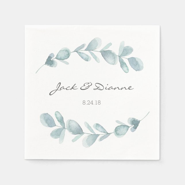 Blue Eucalyptus Personalized Wedding Napkin (Front)