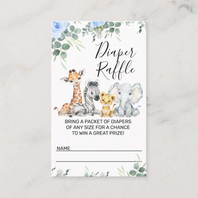 Blue Eucalyptus Safari Baby Shower Diaper Raffle Business Card (Front)
