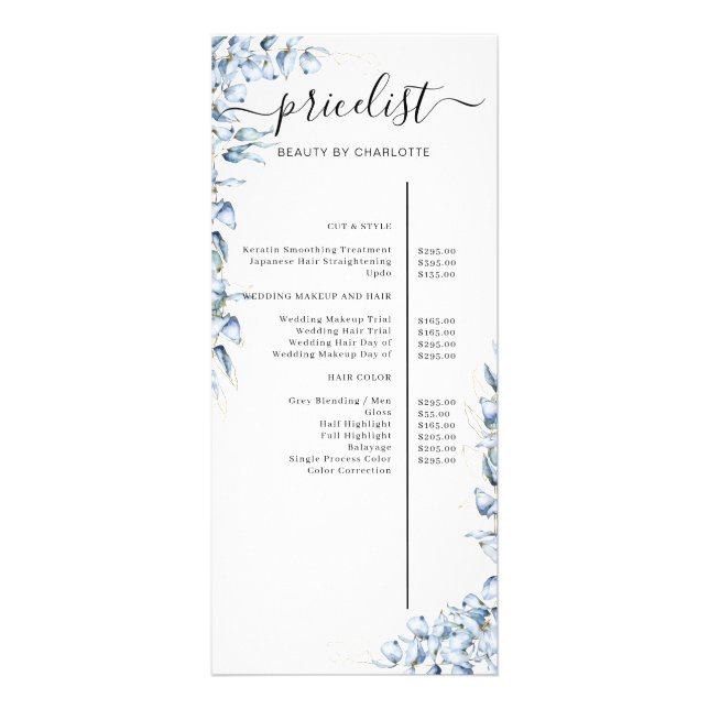 Blue Eucalyptus Salon Price List   Foam Board Rack Card (Front)