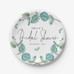 Blue Eucalyptus Script Name Date Bridal Shower Paper Plates