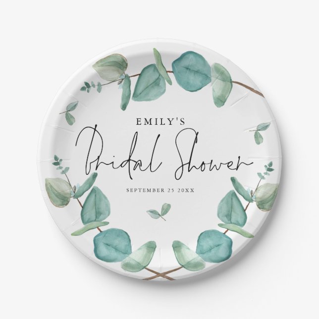 Blue Eucalyptus Script Name Date Bridal Shower Paper Plates (Front)