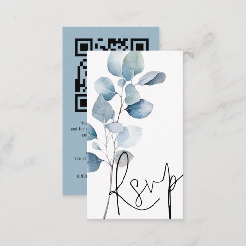 Blue Eucalyptus Script QR Code Wedding RSVP Enclosure Card