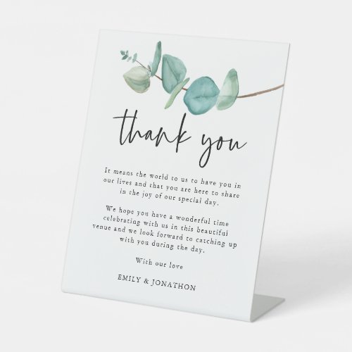 Blue Eucalyptus Thank You Letter to Wedding Guests Pedestal Sign