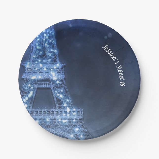 Blue Evening Enchanted Night in Paris Eiffel Tower Paper Plates (Front)
