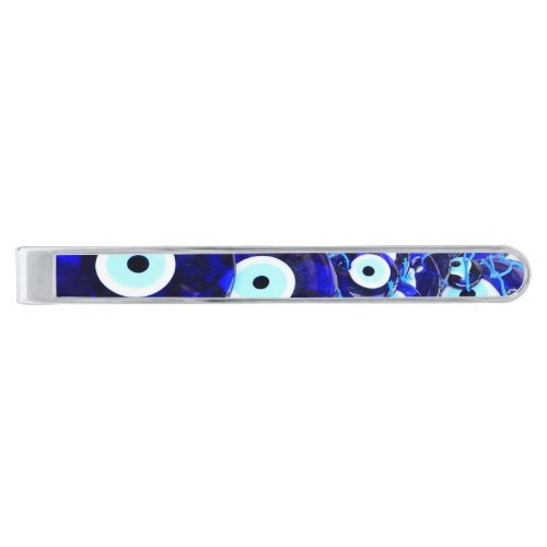 Blue Evil Eye amulets Silver Finish Tie Clip