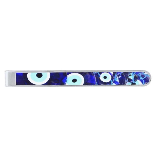 Blue Evil Eye amulets Silver Finish Tie Clip (Front)