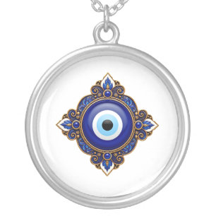 Blue Evil Eye Design Silver Plated Necklace