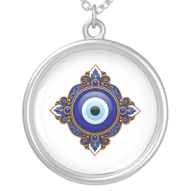 Blue Evil Eye Design Silver Plated Necklace (Front)