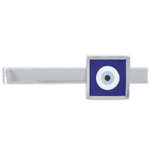 Blue Evil Eye Good luck & Protection Symbol Silver Finish Tie Bar
