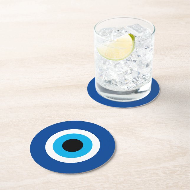 Blue Evil Eye round paper drink coasters for party (Insitu)
