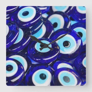 Blue Evil Eye Souvenir Sold In Istanbul Turkey Square Wall Clock by bbourdages at Zazzle