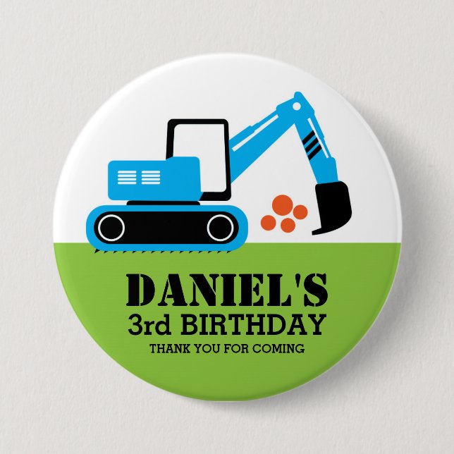 Blue Excavator Kids Construction Party Button (Front)