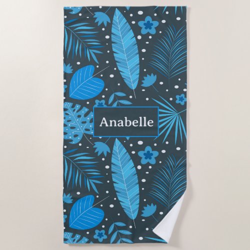 Blue Exotic Tropical Leaves and Flowers custom   Beach Towel