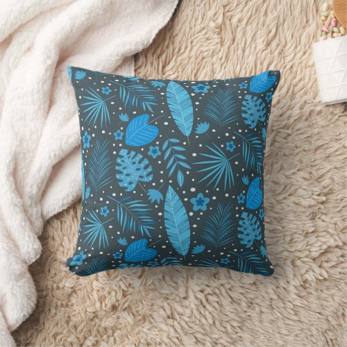 Blue Exotic Tropical Leaves and Flowers Pattern  Throw Pillow