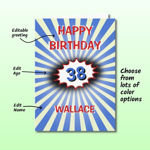 Blue explosion custom name age retro birthday card