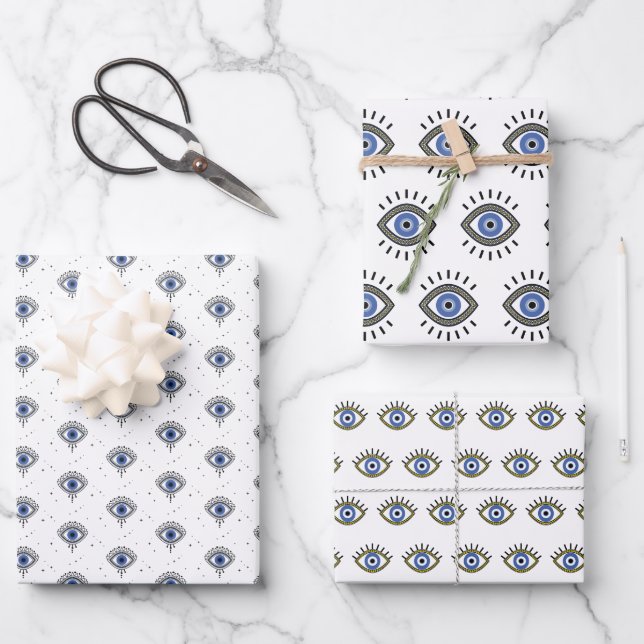 Blue eye design, evil eye protection, good luck wrapping paper sheets (Front)