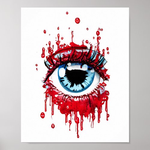 Blue Eye Dripping Blood horror art Poster