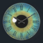 Blue Eye Iris Eyeball Large Round Roman Clock<br><div class="desc">Blue Eye Iris © Sunny Mars Designs. Cool, fun custom printed blue eyeball large size roman numerals round clock with a trendy, modern, beautiful, unique, freaky, creepy, weird and twisted graphic illustration of a striking big blue realistic eyeball iris of an eye. To see all color eye and eyeball wall...</div>