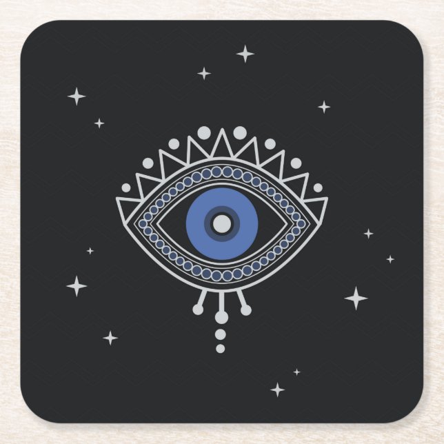 Blue eye protection talisman minimal magic symbol square paper coaster (Front)